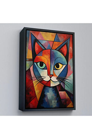 Ahşap Çerçeveli Pablo Picasso Tarzı - Soyut Renkli Kedi Tablo-7375