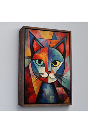 Ahşap Çerçeveli Pablo Picasso Tarzı - Soyut Renkli Kedi Tablo-7375