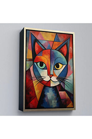 Ahşap Çerçeveli Pablo Picasso Tarzı - Soyut Renkli Kedi Tablo-7375