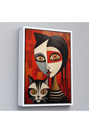 Ahşap Çerçeveli Pablo Picasso Tarzı - Soyut Renkli Kadın Ve Keditablo-7376