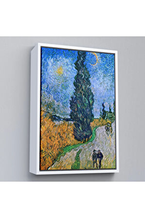 Ahşap Çerçeveli Vincent Van Gogh - Selvili Ve Yıldızlı Yol Tablo - Road With Cypress And Star-7443