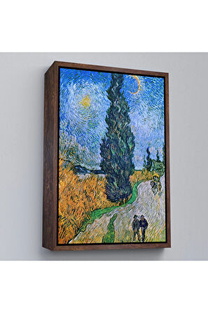 Ahşap Çerçeveli Vincent Van Gogh - Selvili Ve Yıldızlı Yol Tablo - Road With Cypress And Star-7443