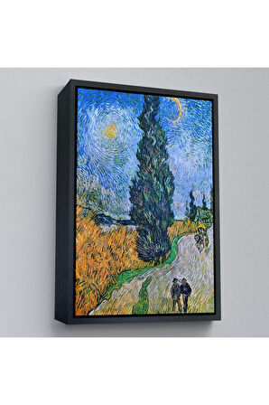 Ahşap Çerçeveli Vincent Van Gogh - Selvili Ve Yıldızlı Yol Tablo - Road With Cypress And Star-7443