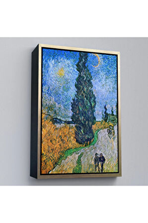 Ahşap Çerçeveli Vincent Van Gogh - Selvili Ve Yıldızlı Yol Tablo - Road With Cypress And Star-7443