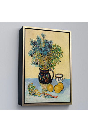 Ahşap Çerçeveli Natürmort Kır Çiçekleri İle Majolica Tarzı Sürahi Tablo - Vincent Van Gogh-7451