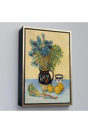 Ahşap Çerçeveli Natürmort Kır Çiçekleri İle Majolica Tarzı Sürahi Tablo - Vincent Van Gogh-7451