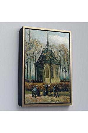 Ahşap Çerçeveli Vincent Van Gogh - Cemaat Nuenen'Deki Reform Kilisesinden Ayrılıyor Tablo-7466