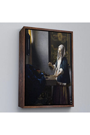 Ahşap Çerçeveli Johannes Vermeer - Teraziyi Tutan Kadın Tablosu - A Woman Holding A Balance-7500