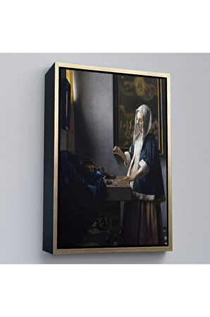 Ahşap Çerçeveli Johannes Vermeer - Teraziyi Tutan Kadın Tablosu - A Woman Holding A Balance-7500