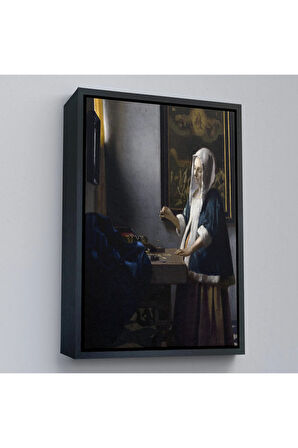 Ahşap Çerçeveli Johannes Vermeer - Teraziyi Tutan Kadın Tablosu - A Woman Holding A Balance-7500