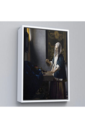 Ahşap Çerçeveli Johannes Vermeer - Teraziyi Tutan Kadın Tablosu - A Woman Holding A Balance-7500