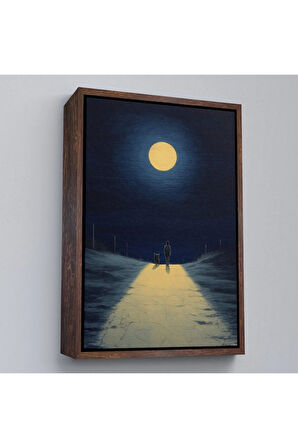 Ahşap Çerçeveli Ay Işığına Yürüyen Kedi Ve Dostu Tablo-7504