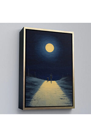 Ahşap Çerçeveli Ay Işığına Yürüyen Kedi Ve Dostu Tablo-7504