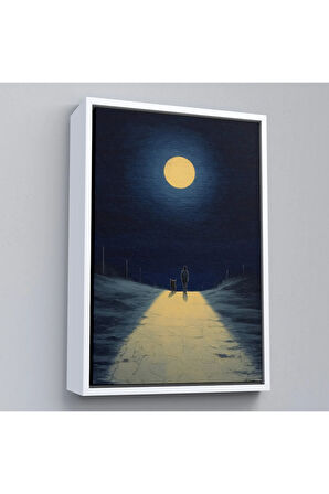 Ahşap Çerçeveli Ay Işığına Yürüyen Kedi Ve Dostu Tablo-7504