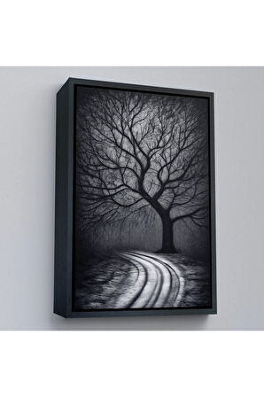 Ahşap Çerçeveli Karanlıktaki Gizemli Ağaç Tablosu-7508