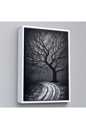 Ahşap Çerçeveli Karanlıktaki Gizemli Ağaç Tablosu-7508