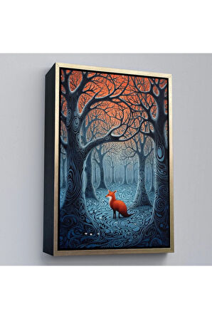 Ahşap Çerçeveli Soyut Ormandaki Sarı Tilki Tablosu-7514