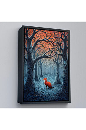 Ahşap Çerçeveli Soyut Ormandaki Sarı Tilki Tablosu-7514