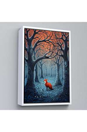 Ahşap Çerçeveli Soyut Ormandaki Sarı Tilki Tablosu-7514