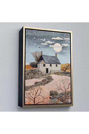 Ahşap Çerçeveli Köy Evi Gece Manzarası Tablo-7517