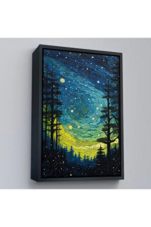 Ahşap Çerçeveli Vincent Van Gogh Tarzı Yıldızlı Gece Tablosu-7518