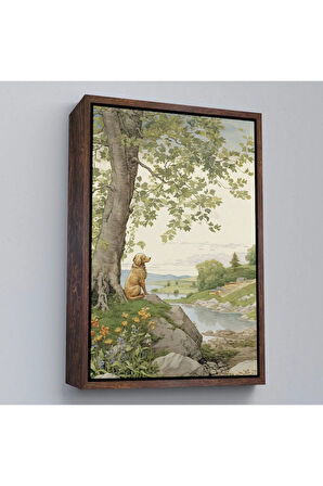 Ahşap Çerçeveli Manzarayı İzleyen Yalnız Köpek Tablosu-7525