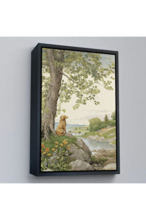 Ahşap Çerçeveli Manzarayı İzleyen Yalnız Köpek Tablosu-7525
