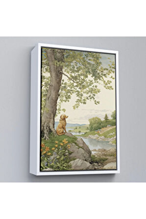 Ahşap Çerçeveli Manzarayı İzleyen Yalnız Köpek Tablosu-7525