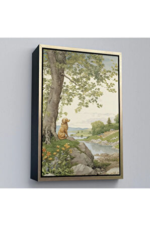 Ahşap Çerçeveli Manzarayı İzleyen Yalnız Köpek Tablosu-7525