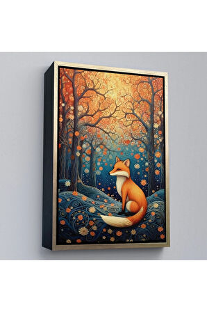 Ahşap Çerçeveli Soyut Ormandaki Sarı Tilki Tablosu-7527
