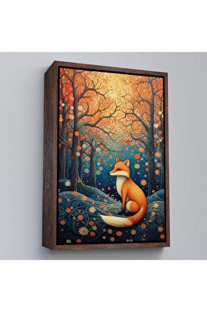 Ahşap Çerçeveli Soyut Ormandaki Sarı Tilki Tablosu-7527