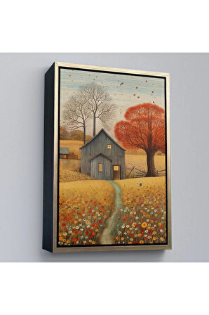 Ahşap Çerçeveli Çayırdaki Ahır Evi Tablosu-7531