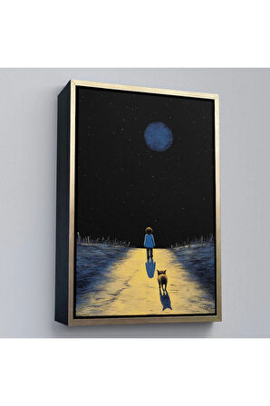 Ahşap Çerçeveli Ay Işığına Yürüyen Çocuk Ve Dostu Tablo-7534