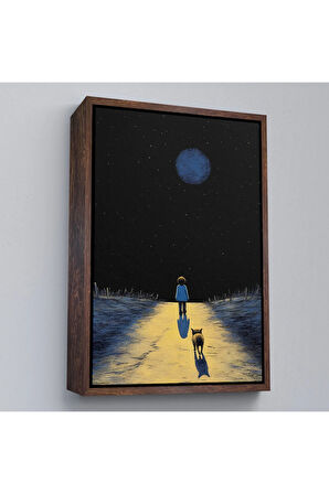 Ahşap Çerçeveli Ay Işığına Yürüyen Çocuk Ve Dostu Tablo-7534