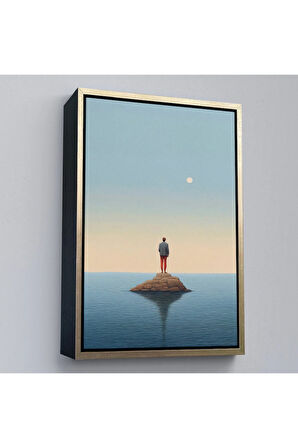 Ahşap Çerçeveli Denizin Ortasında Yalnız Adam Tablosu-7538
