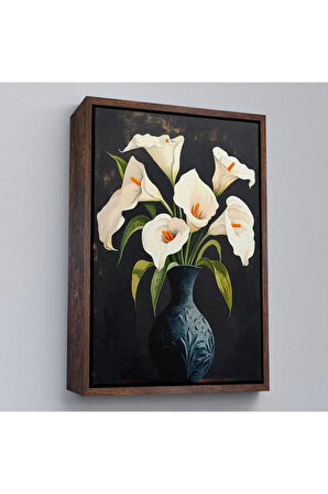 Ahşap Çerçeveli Vazo İçindeki Beyaz Çiçekler Tablo-7555