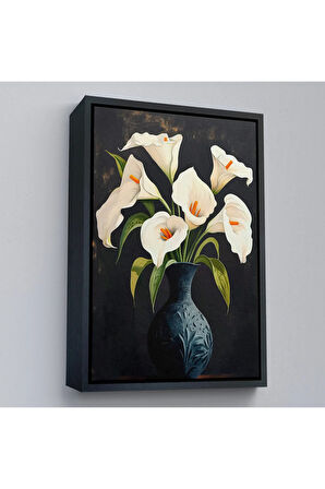 Ahşap Çerçeveli Vazo İçindeki Beyaz Çiçekler Tablo-7555