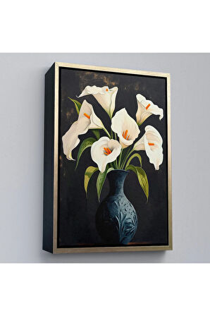 Ahşap Çerçeveli Vazo İçindeki Beyaz Çiçekler Tablo-7555