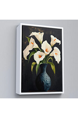 Ahşap Çerçeveli Vazo İçindeki Beyaz Çiçekler Tablo-7555