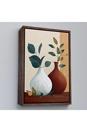 Ahşap Çerçeveli Vazoların İçindeki Yapraklar Tablo-7556