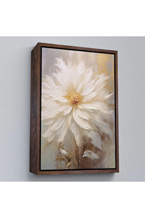 Ahşap Çerçeveli Yağlıboya Görünümlü Beyaz Çiçek Tablo-7559