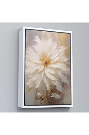 Ahşap Çerçeveli Yağlıboya Görünümlü Beyaz Çiçek Tablo-7559