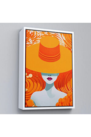 Ahşap Çerçeveli Turuncu Şapkalı Retro Kadın Tablo-7561