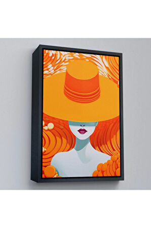 Ahşap Çerçeveli Turuncu Şapkalı Retro Kadın Tablo-7561