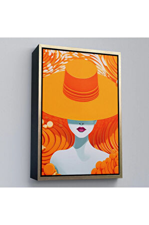 Ahşap Çerçeveli Turuncu Şapkalı Retro Kadın Tablo-7561