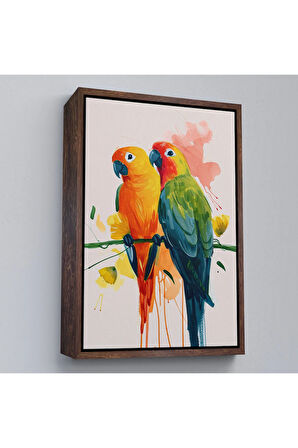 Ahşap Çerçeveli Daldaki Renkli Pağanlar Tablo-7566