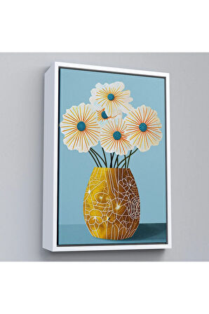 Ahşap Çerçeveli Vazo İçindeki Beyaz Çiçekler Tablo-7569