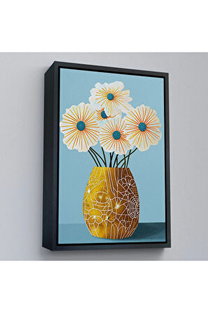 Ahşap Çerçeveli Vazo İçindeki Beyaz Çiçekler Tablo-7569