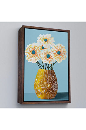 Ahşap Çerçeveli Vazo İçindeki Beyaz Çiçekler Tablo-7569