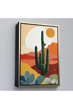 Ahşap Çerçeveli Çöldeki Soyut Kaktüs Tablo-7583